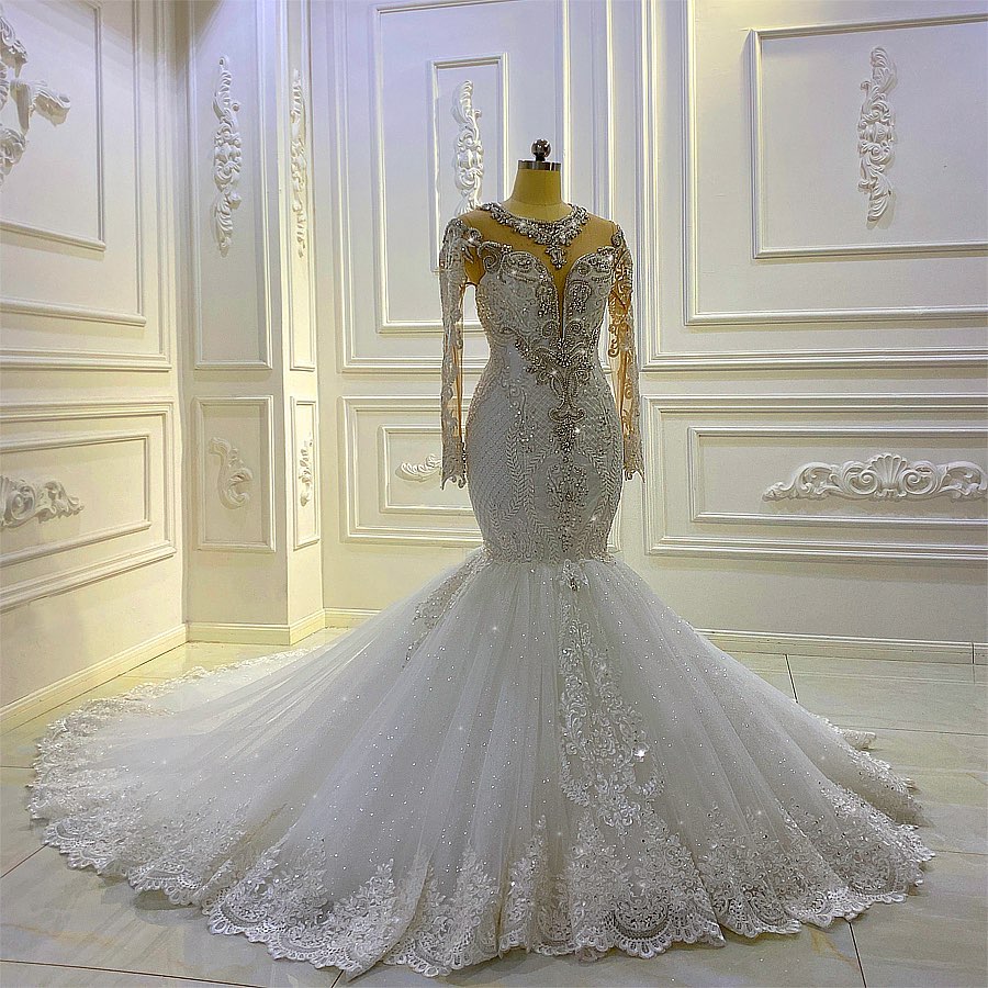 Carregar imagem no visualizador da galeria, Vintage Long Sleeve Appliques Lace Beading Sequins Mermaid Wedding Dress-BIZTUNNEL
