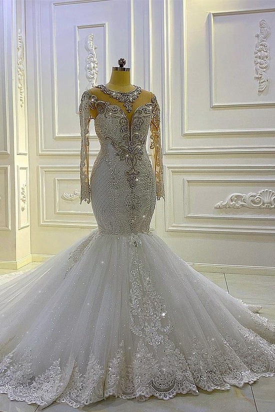 Vintage Long Sleeve Appliques Lace Beading Sequins Mermaid Wedding Dress-BIZTUNNEL