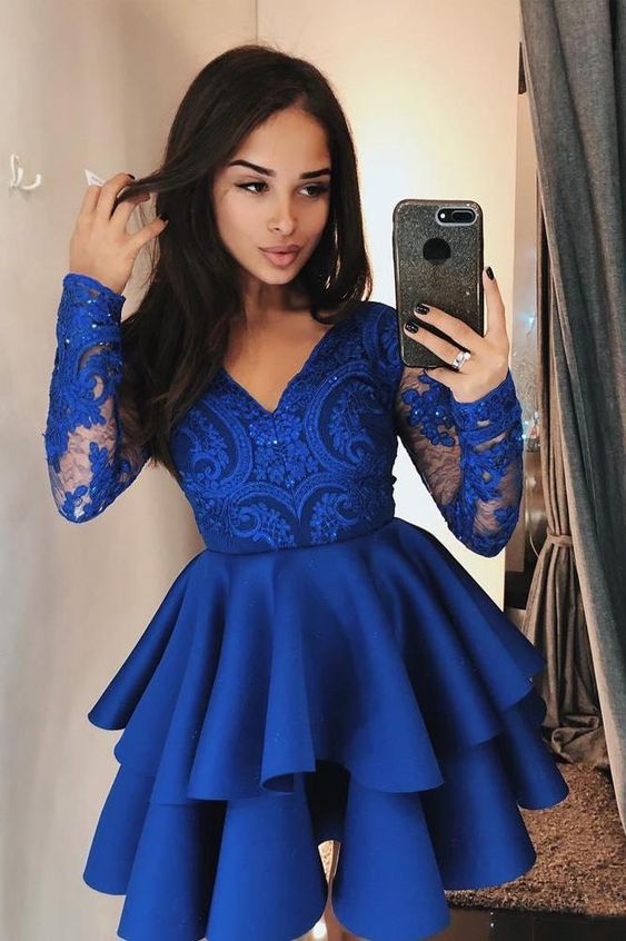 A-line V-Neck Lace Short Homecoming Dress With Long Sleeves main image 0