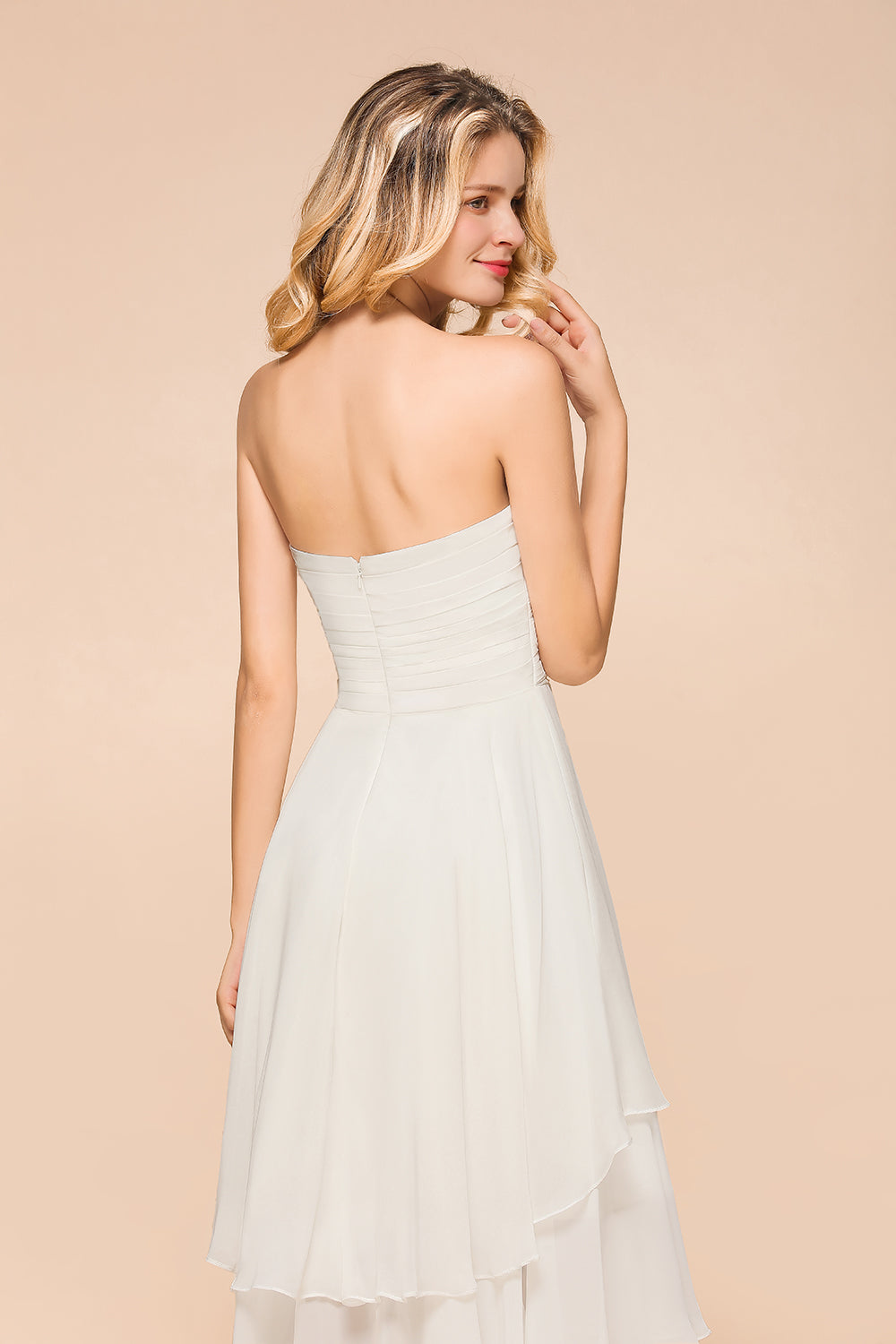 Vintage White High Low A-line Chiffon Backless Bridesmaid Dresses-BIZTUNNEL