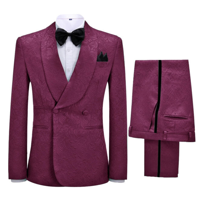 
                  
                    Virgil Newest Burgundy Jacquard Shawl Lapel Double Breasted Wedding Suits
                  
                