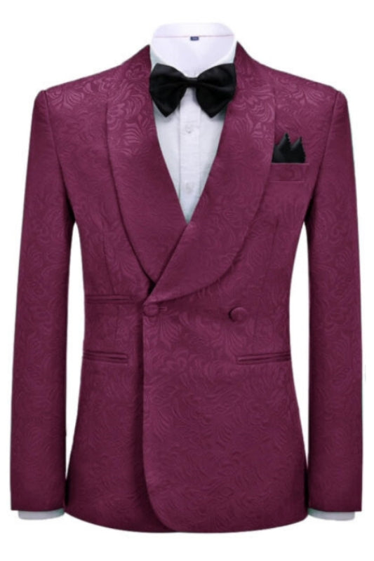 Virgil Newest Burgundy Jacquard Shawl Lapel Double Breasted Wedding Suits