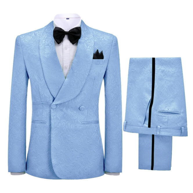 
                  
                    Vito Sky Blue Jacquard Shawl Lapel Double Breasted New Arrival Wedding Suits
                  
                