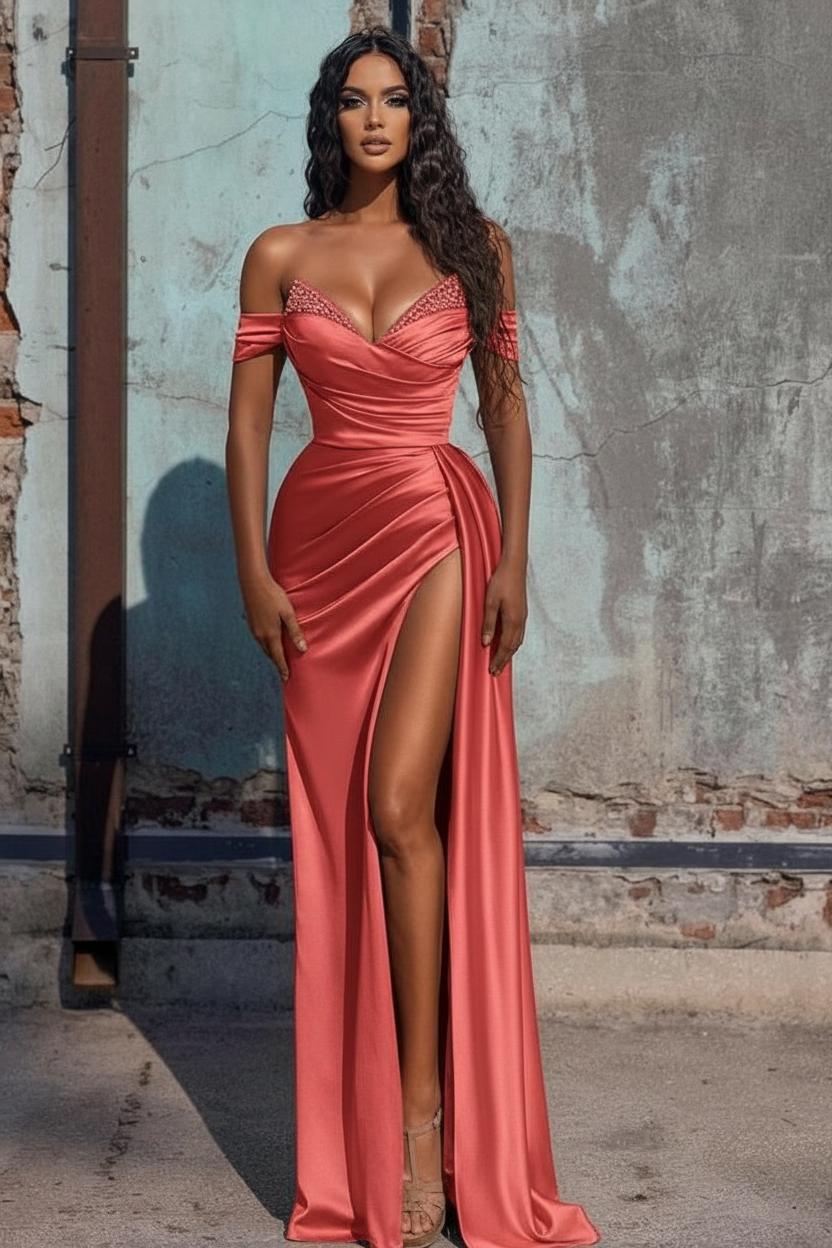 Long Sheath Off-The-Shoulder V-Neck Sequins Ruffles Prom Dress with Slit Long Sheath Off-The-Shoulder V-Neck Sequins Ruffles Prom Dress with Slit