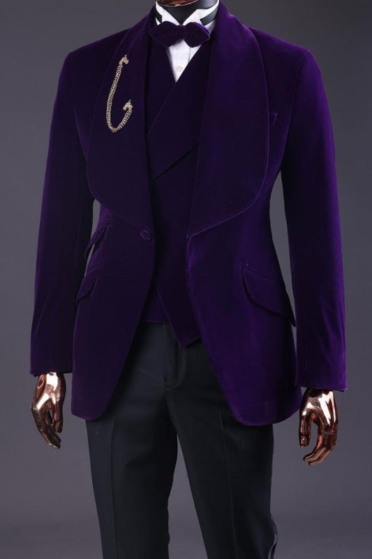 West Chic Deep Purple Shawl Lapel Three Pieces Velvet Wedding Suits