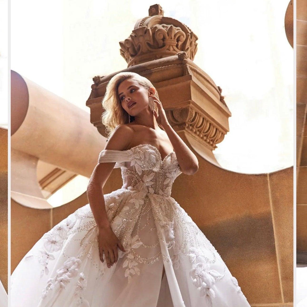 White Ball Gown Off the Shoulder Beaded Appliques Lace Long Wedding Dr – BIZTUNNEL