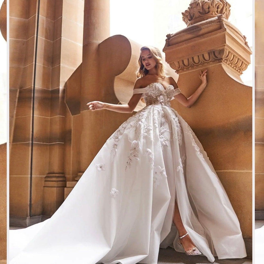 White Ball Gown Off the Shoulder Beaded Appliques Lace Long Wedding Dresses White Ball Gown Off the Shoulder Beaded Appliques Lace Long Wedding Dresses