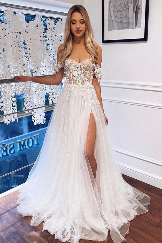 White Boho Long A Line Lace Off The Shoulder Wedding Dress with Slit-BIZTUNNEL