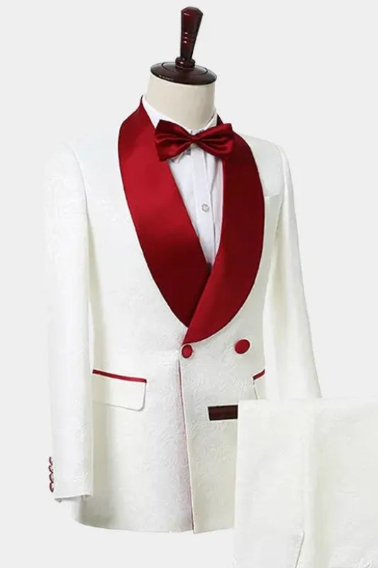 Adam Newest White Double Breasted Jacquard Wedding Suits With Red Shawl Lapel