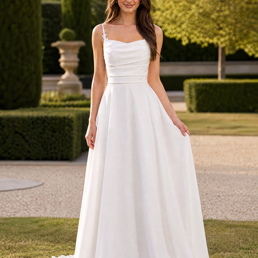 White Satin A-Line Wedding Dress | Draped Cowl Neck – BIZTUNNEL