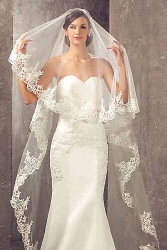 White Ivory Wedding Veils Lace Edge Cathedral Length Wedding Bridal Veil with Comb-Biztunnel