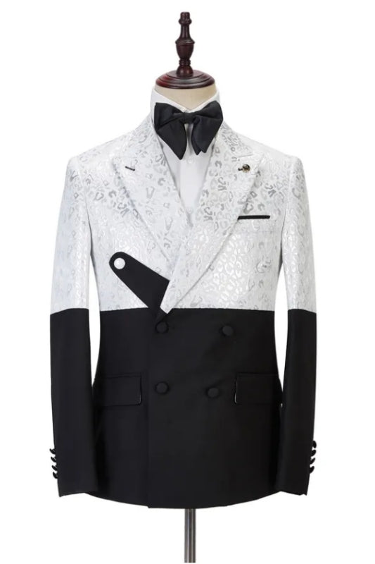 Silvester Glamorous White Jacquard Peaked Lapel Double Breasted Prom Suits