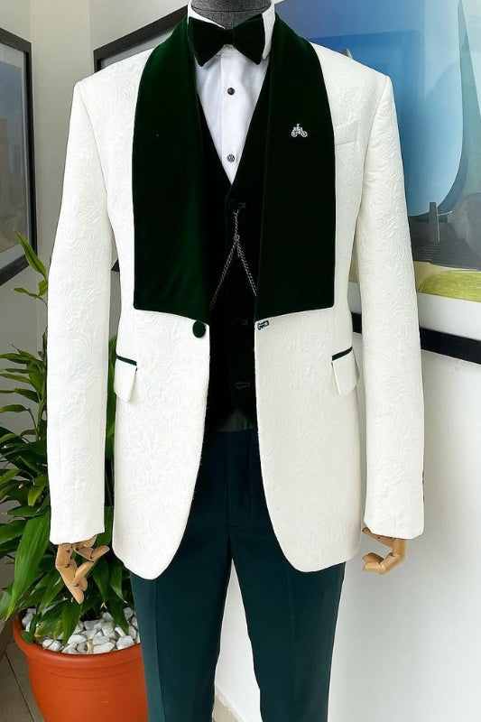 Alger Bespoke White Jacquard Three Pieces Wedding Suits With Dark Green Shawl Lapel