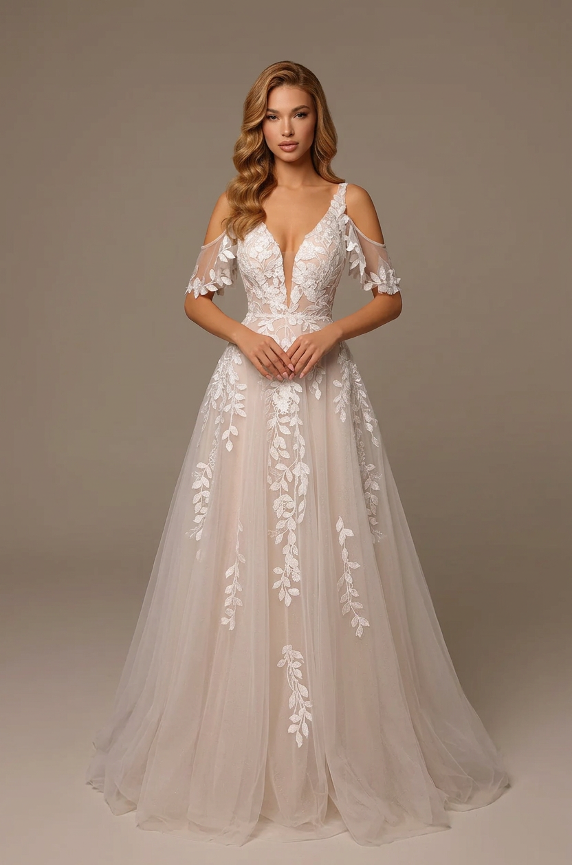 White A-line wedding dress with a plunging V-neck, floral lace appliques and sheer cold-shoulder short sleeves, front view.