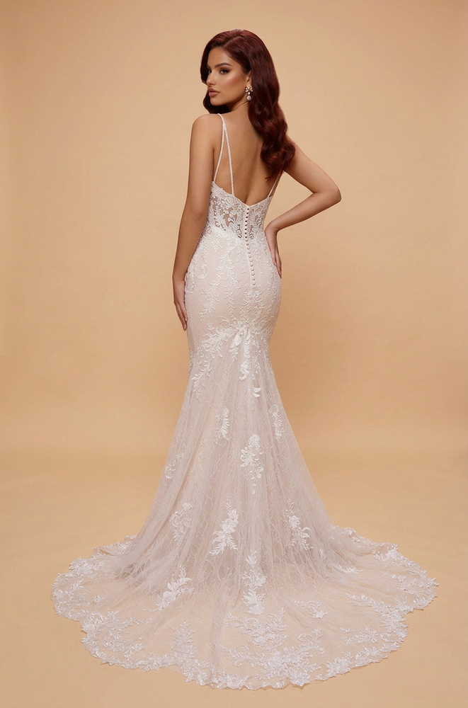White Lace Mermaid V-Neck Wedding Dress | BIZTUNNEL
