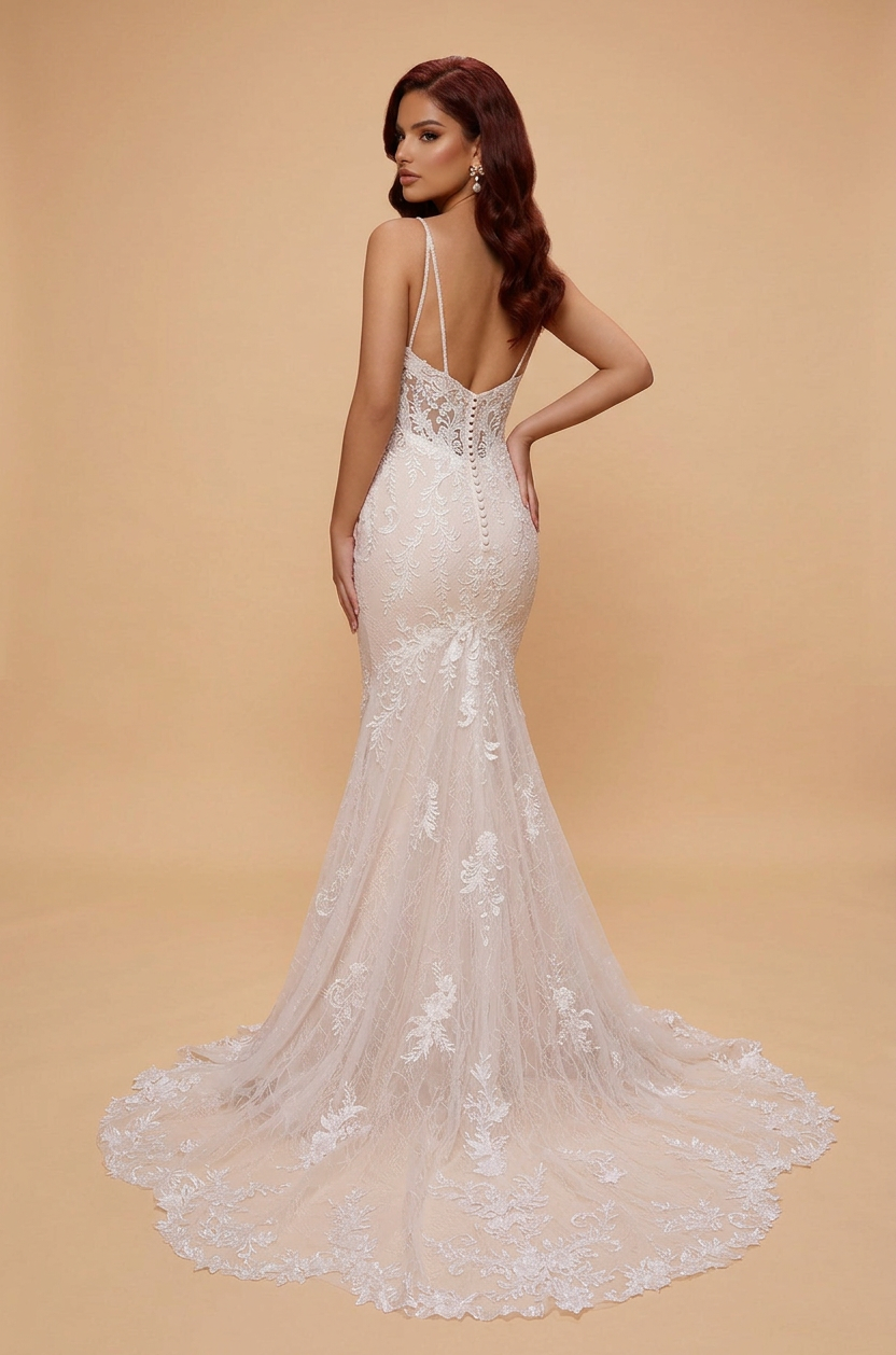 White Lace Mermaid V-Neck Wedding Dress | BIZTUNNEL