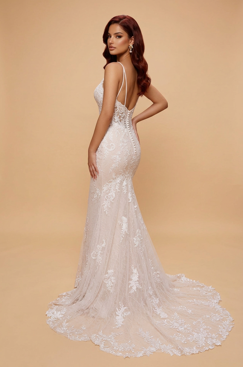 White Lace Mermaid V-Neck Wedding Dress | BIZTUNNEL