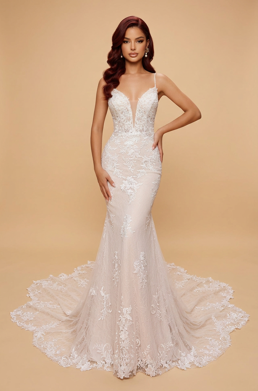 White lace mermaid wedding dress with a plunging V-neck, spaghetti straps and a floor-length skirt ending in a scalloped lace train, front view