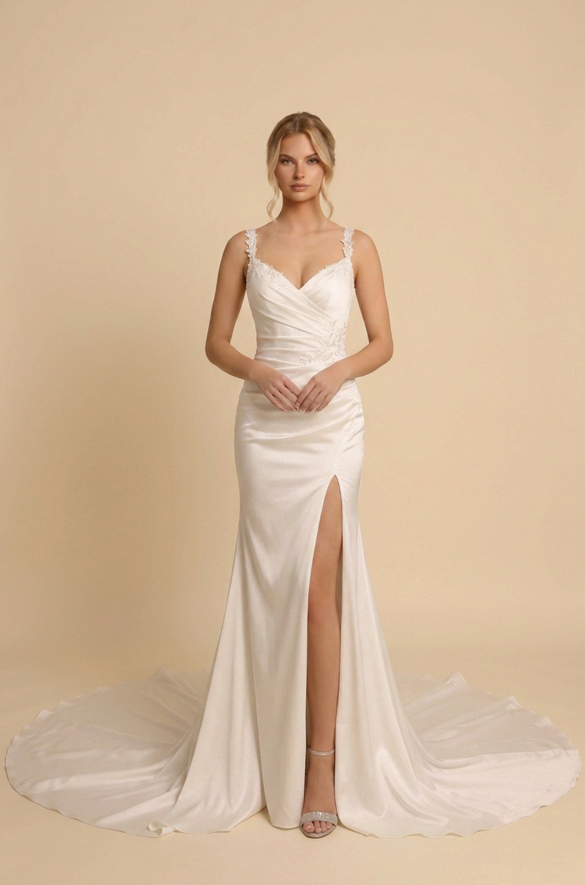 White floor-length satin wedding dress with a lace-trimmed V-neck, draped bodice and a front slit, front view.