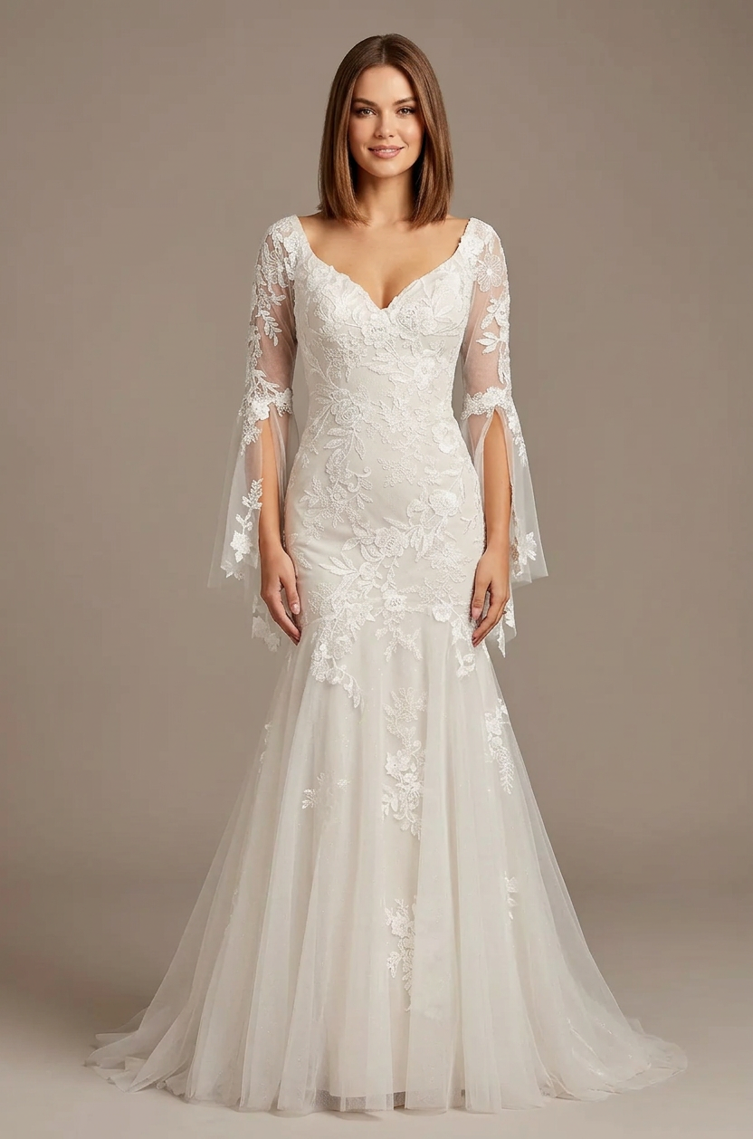 Front view of a white floor-length wedding dress with a V-neck, fitted lace bodice and long sheer tulle sleeves with lace applique