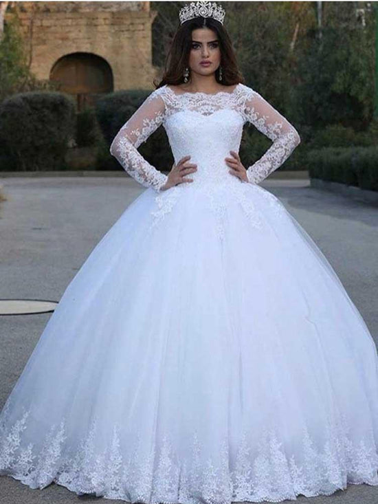 White Long A-line Lace Appliques Tulle Wedding Dresses with Sleeves-BIZTUNNEL