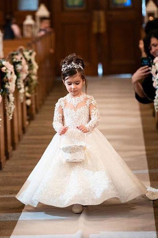 White Long A-line Lace Flower Girl Dresses With Sleeves-BIZTUNNEL