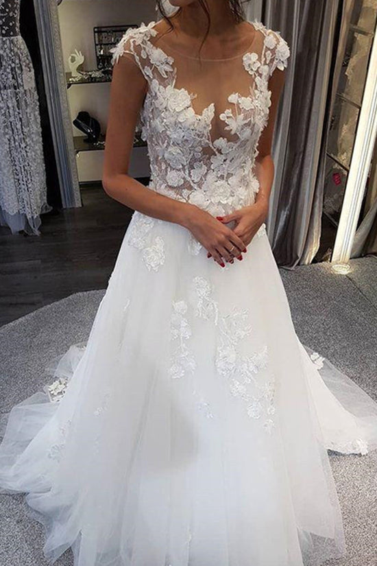 White Long A-line Tulle Lace Appiliques Wedding Dresses-BIZTUNNEL