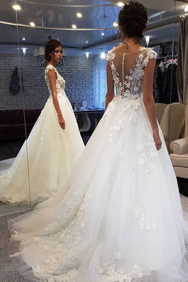White Long A-line Tulle Lace Appiliques Wedding Dresses-BIZTUNNEL
