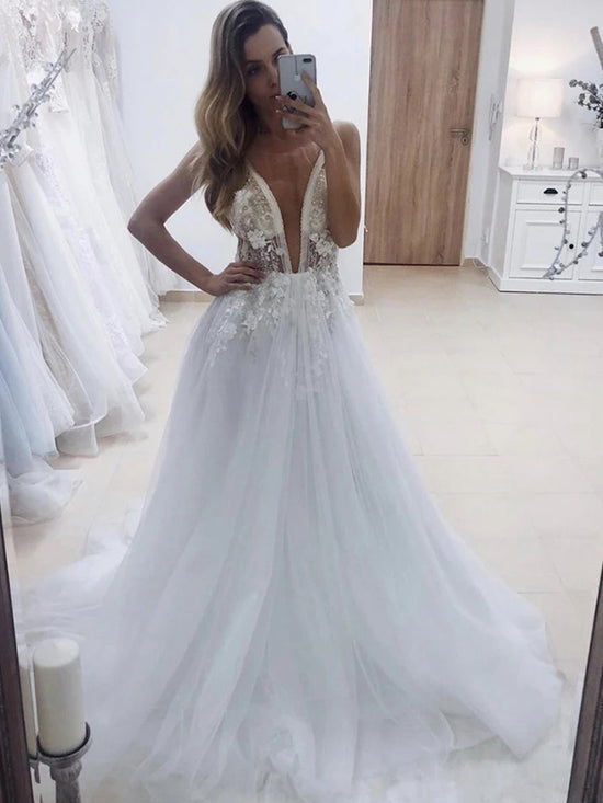 White Long A-line V Neck Backless Lace Appliques Wedding Dresses-BIZTUNNEL
