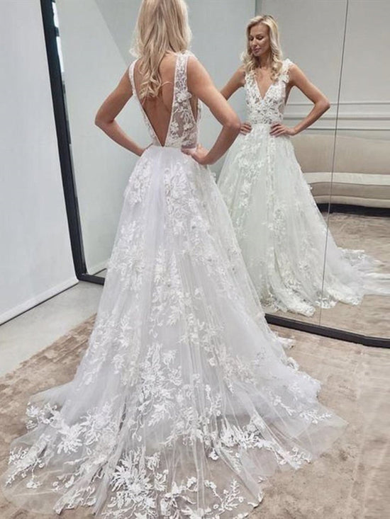 White Long A Line V Neck Backless Tulle Lace Wedding Dresses-BIZTUNNEL