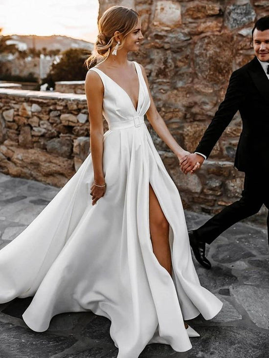 White Long A-line V-neck Satin Backless Wedding Dresses with Slit-BIZTUNNEL