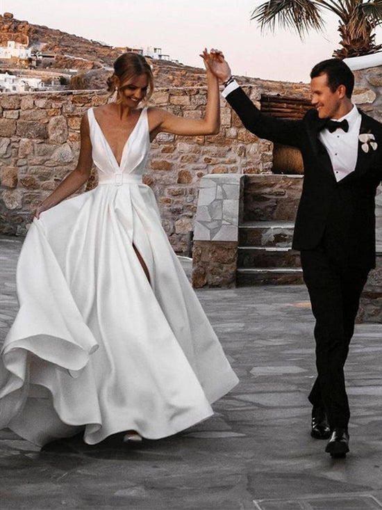 White Long A-line V-neck Satin Backless Wedding Dresses with Slit-BIZTUNNEL