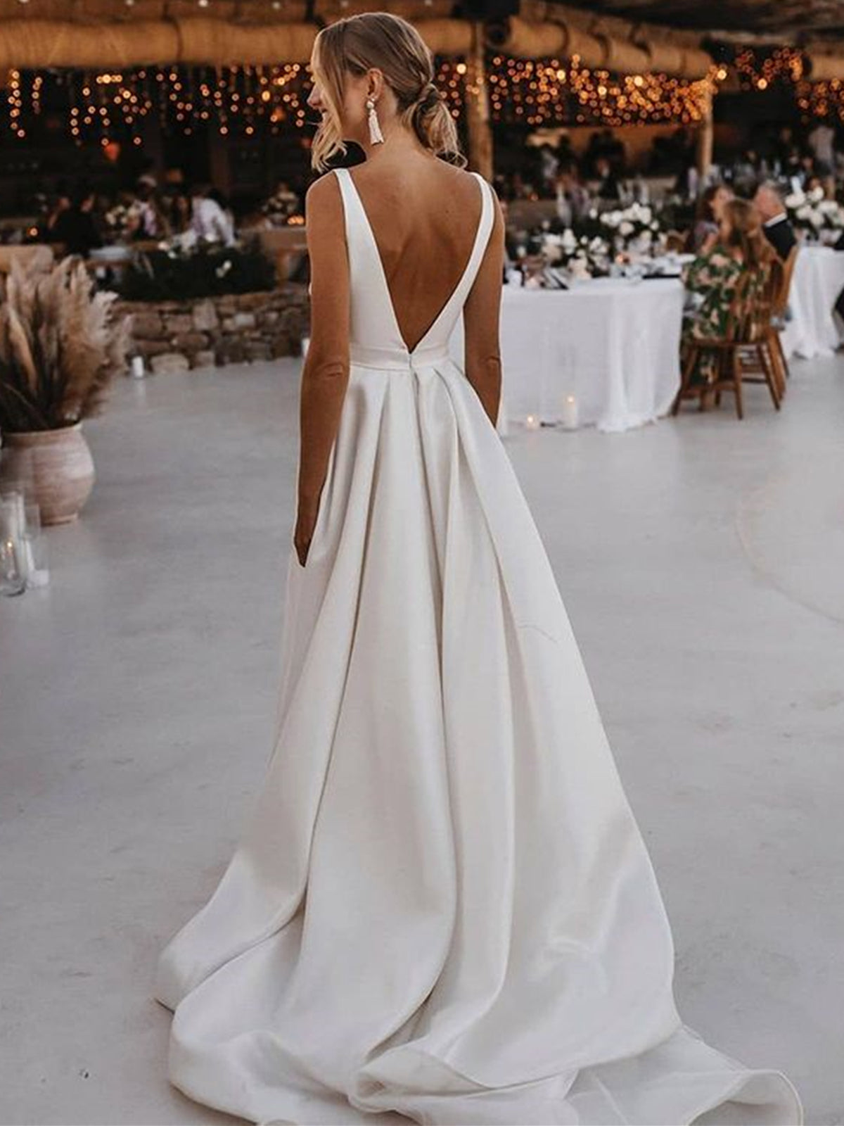 White Long A-line V-neck Satin Backless Wedding Dresses with Slit