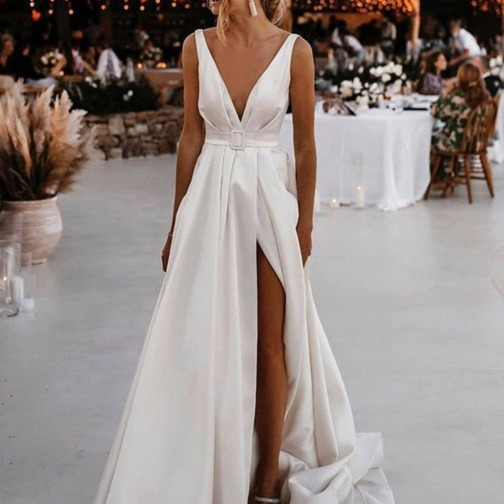 satin backless wedding dress White Long A-line V-neck Satin Backless Wedding Dresses with Slit – BIZTUNNEL