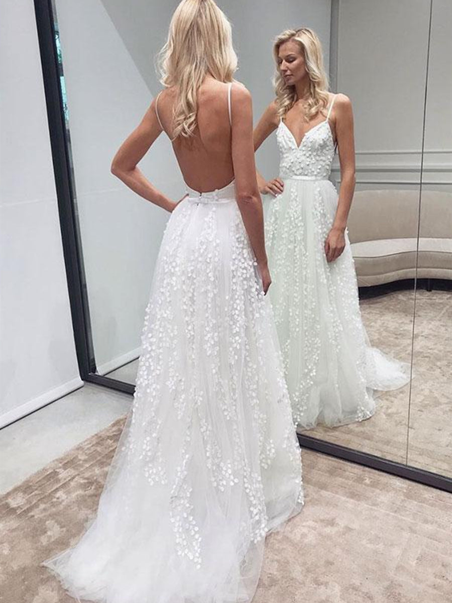 White Long A-line V-neck Tulle Lace Backless Wedding Dresses-BIZTUNNEL