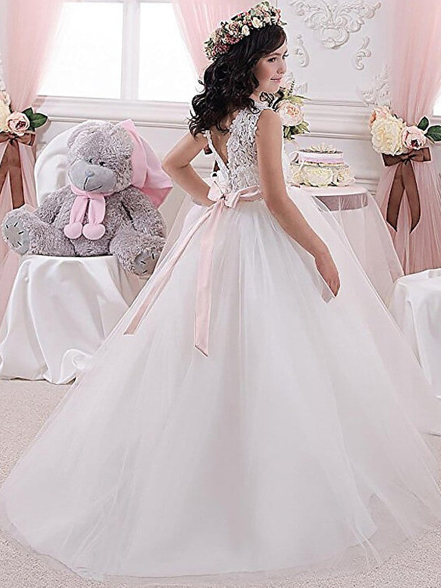 White Long Ball Gown Lace Tulle Wedding Party Flower Girl Dresses-BIZTUNNEL
