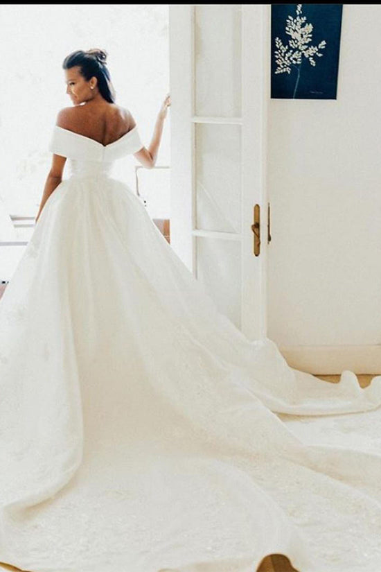 White Long Ball Gown Off The Shoulder Satin Wedding Dress-BIZTUNNEL