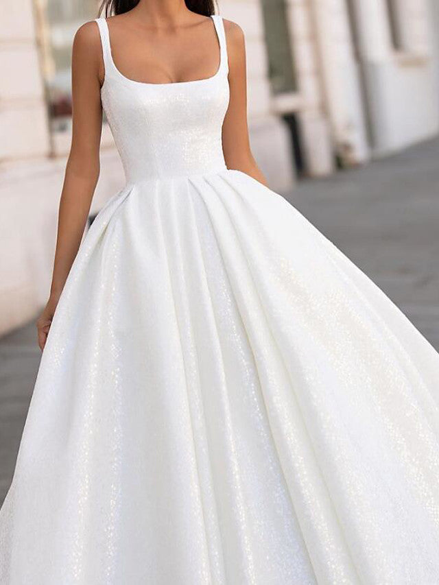 White Long Ball Gown Scoop Neck Court Train Satin Wedding Dresses-BIZTUNNEL