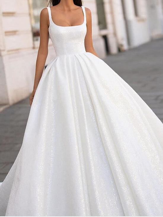 Load image into Gallery viewer, White Long Ball Gown Scoop Neck Court Train Satin Wedding Dresses-BIZTUNNEL
