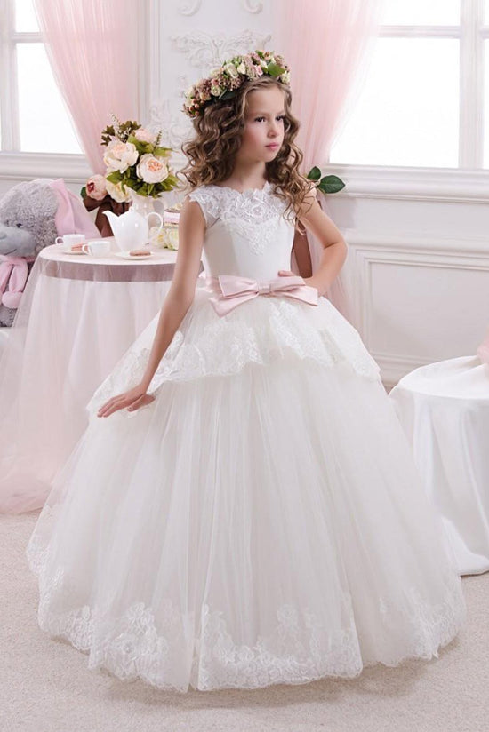 White Long Ball Gown Scoop Neck Sleeveless Tulle Flower Girl Dresses-BIZTUNNEL