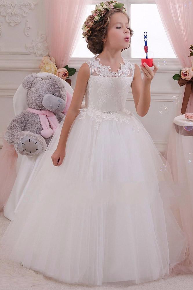 White Long Ball Gown Scoop Neck Sleeveless Tulle Flower Girl Dresses-BIZTUNNEL