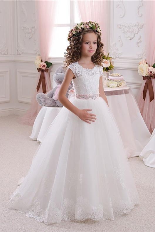 White Long Ball Gown Scoop Neck Tulle Lace Flower Girl Dresses-BIZTUNNEL