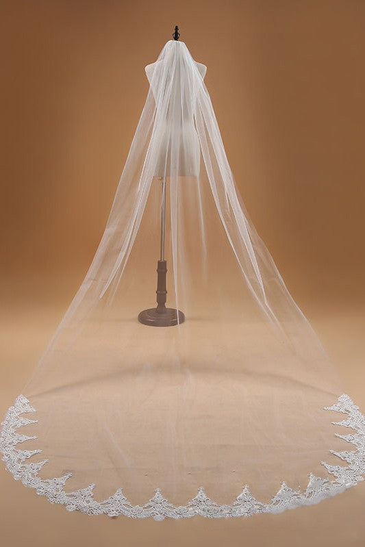 White Long Bridal Veil with Lace-Biztunnel