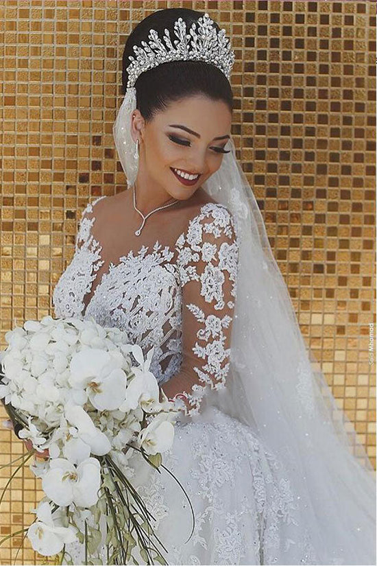 White Long Mermaid Lace Wedding Dresses with Sleeves-BIZTUNNEL
