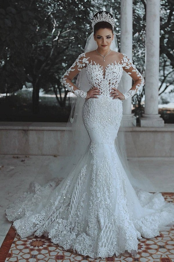 White Long Mermaid Lace Wedding Dresses with Sleeves-BIZTUNNEL