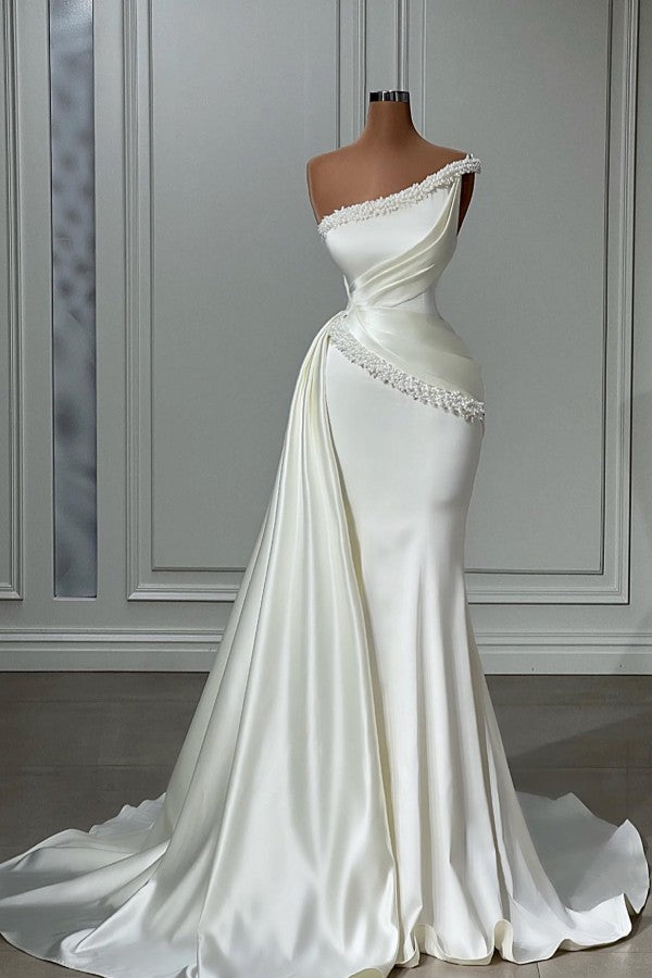 White Long Mermaid One Shoulder Satin Beads Formal Prom Dresses-BIZTUNNEL