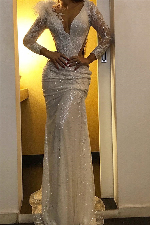 White Long Mermaid V-neck Sequined Evening Dress with Sleeves-BIZTUNNEL