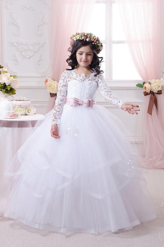 White Long Sleeves Ball Gown Scoop Neck Tulle Lace Flower Girl Dresses-BIZTUNNEL