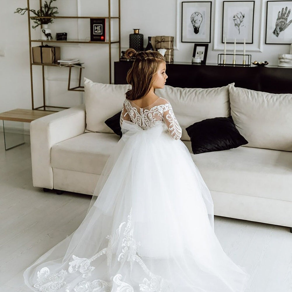 long sleeve white tulle flower girl dress Ellie Long Sleeve Girls White Dress A Little Lacey
