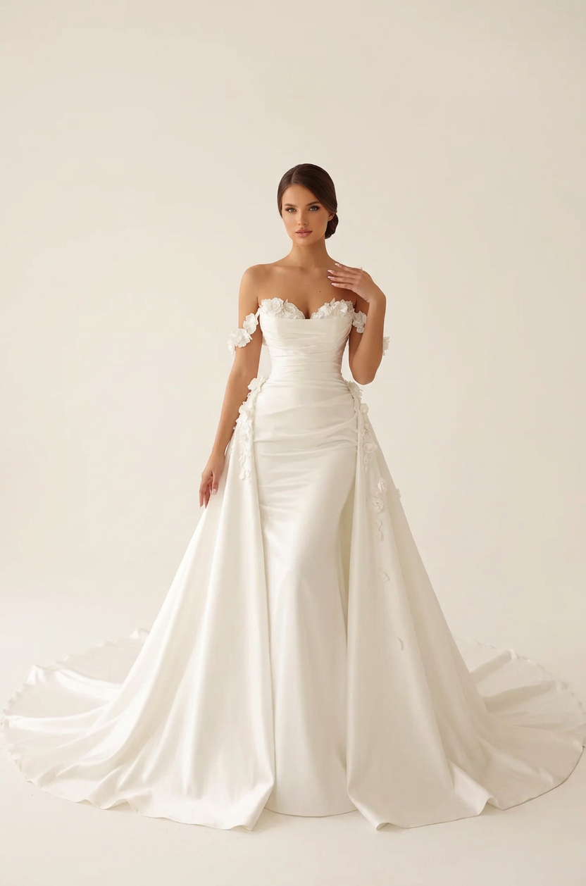 White off-the-shoulder wedding dress with a sweetheart neckline, floral appliqué and a draped floor-length overskirt, front view.
